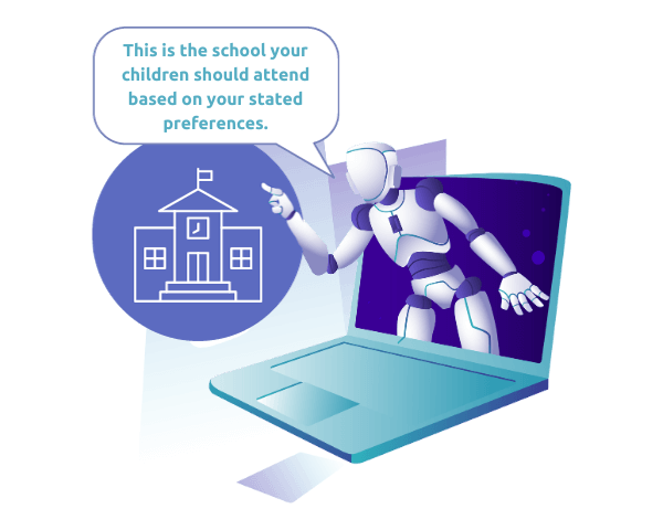 Robot leans out of a laptop screen to point at a school. A text box over the school reads "this is the school your children should attend based on your stated preferences".