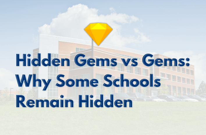 School fading away in background with text that reads: Hidden Gems vs Gems: Why Some Schools Remain Hidden - Truth Tree knows school marketing.