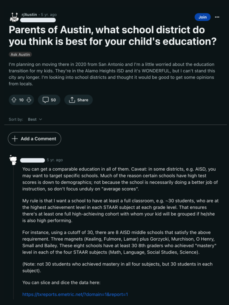 Screenshot of Reddit community "r/Austin" thread showing parents conversing about school options in Austin.