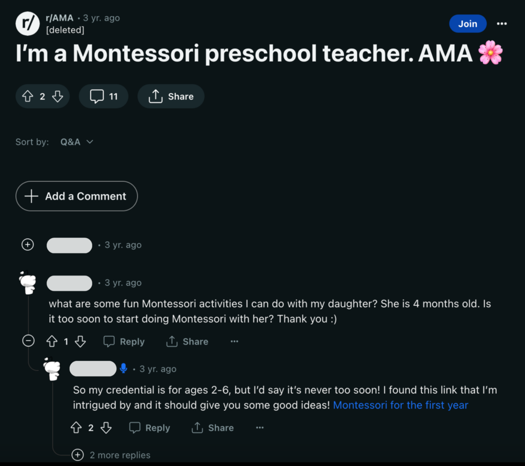 Screenshot of Reddit community "r/AMA" thread showing a Montessori teacher posting an "ask me anything" thread where parents could ask anything related to montessori.