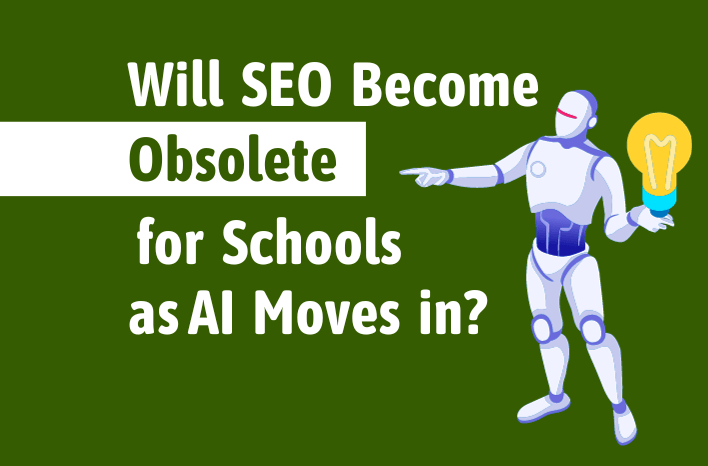 A robot poses the question: Will SEO Become Obsolete for Schools as AI Moves in? Truth Tree Knows School Marketing.