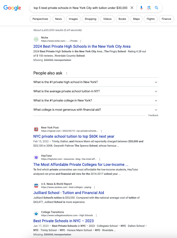 Google search results from the prompt “top 5 best private schools in New York City with tuition under $30,000, financial aid opportunities, transportation”. Image shows links to reports and school rating sites.