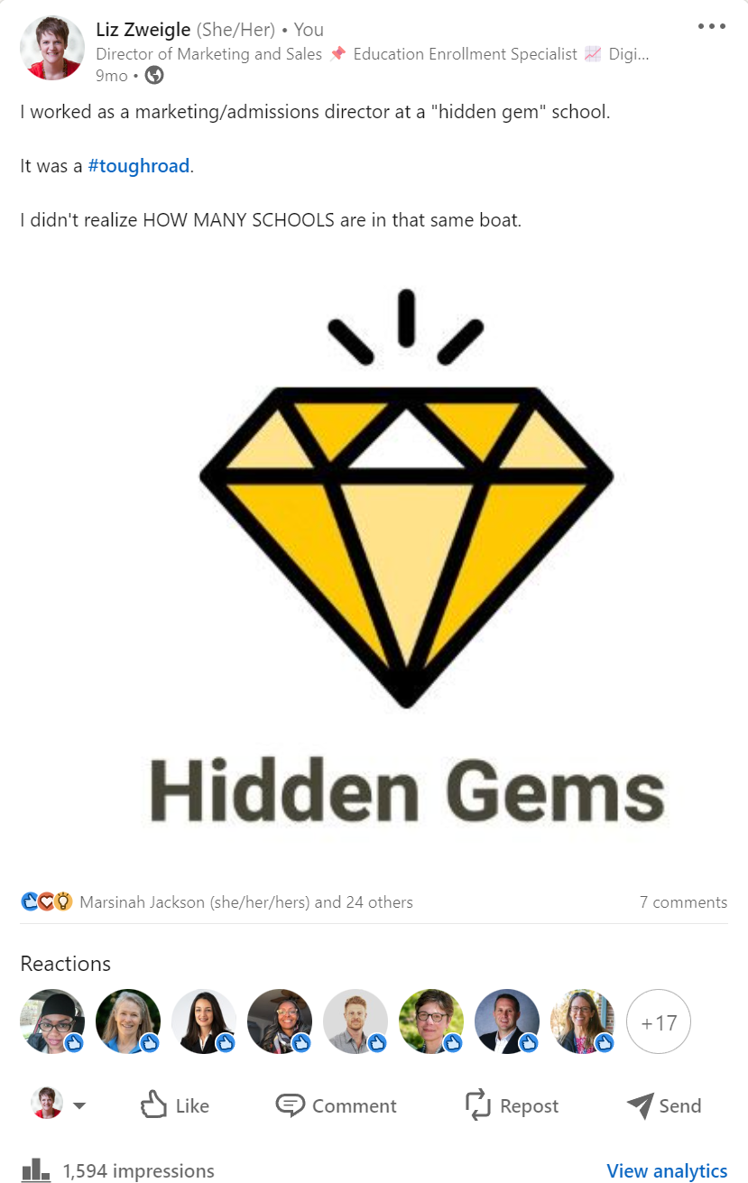 Screenshot of LinkedIn post about the hardships school marketing and admissions teams face when their school has low visibility, is unknown to their target market: in short, they are a hidden gem. Image shows the text of the post and an image of a yellow diamond with "Hidden Gems" beneath it.