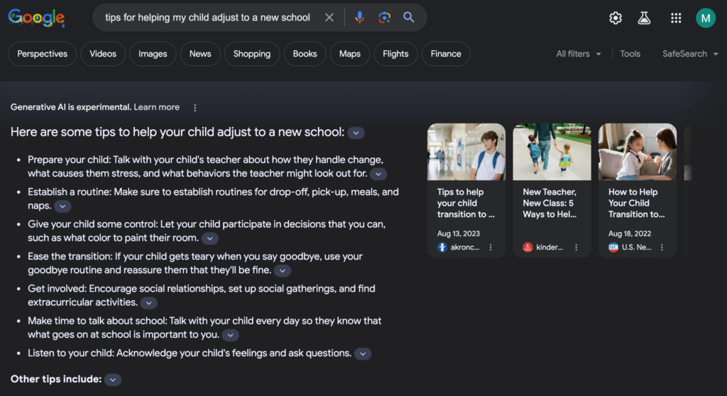 Screenshot of Google's SGE results after searching "tips for helping my child adjust to a new school"