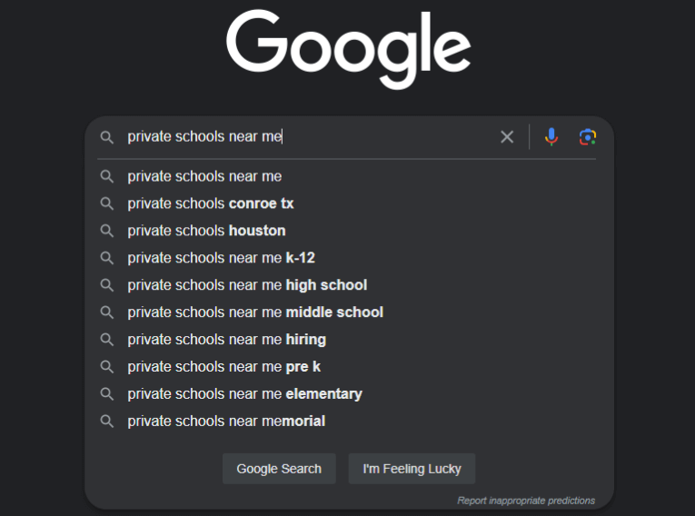 A google search for "private schools near me" to showcase the suggested searches that are similar and popular