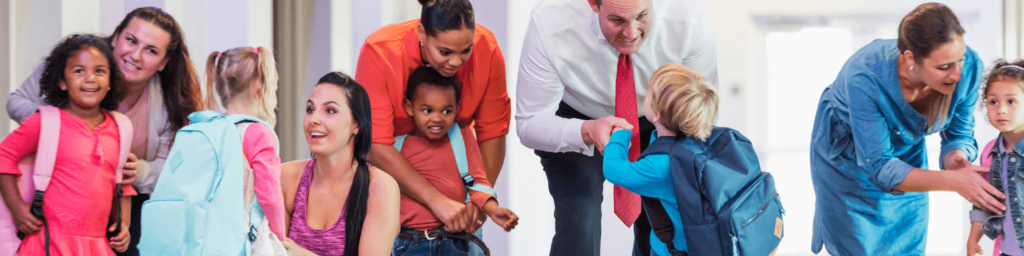 Five preschool-aged students are being picked up or dropped off by their parents in a school hallway.