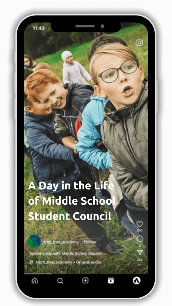 smartphone showing an instagram reel of a high school senior boy leaning against lockers with the text "a day in the life with middle school student council" in white letters