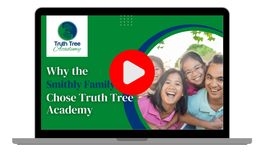 a laptop open to a YouTube video thumbnail that reads "Why the Smithly Family Chose Truth Tree Academy" next to a family photo of a mom, dad, and twin girls climbing on their backs while all smiling at the camera