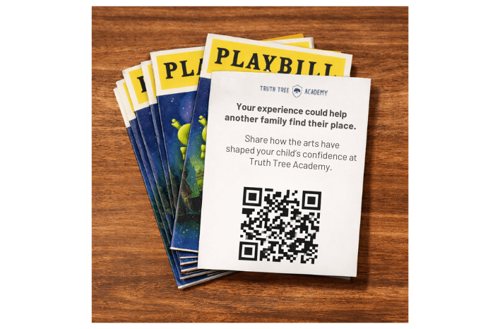 Playbills promoting school reviews and feedback.