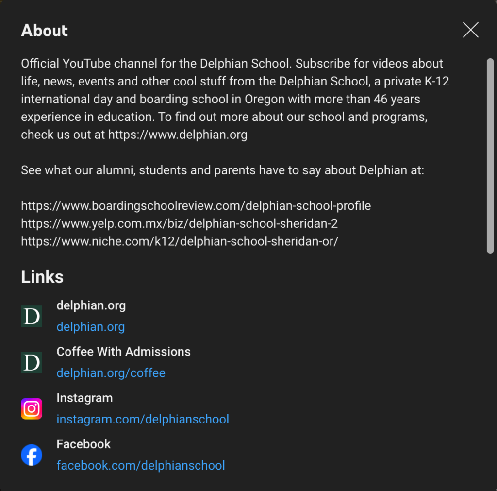 A screenshot of a the Delphian School's YouTube cannel information, including the About section and external links to connect with the school further. | This image accompanies a blog post by Truth Tree on the power of a YouTube channel to drive school enrollment. | Truth Tree provides digital marketing strategies and solutions for schools.