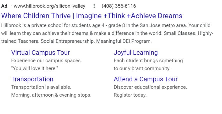 an example of a Google search ad for a school showing call outs and sitelinks | image accompanies a blog post by Trevor Waddington, M.Ed, a school marketing expert | Truth Tree provides digital marketing strategies and solutions for private schools