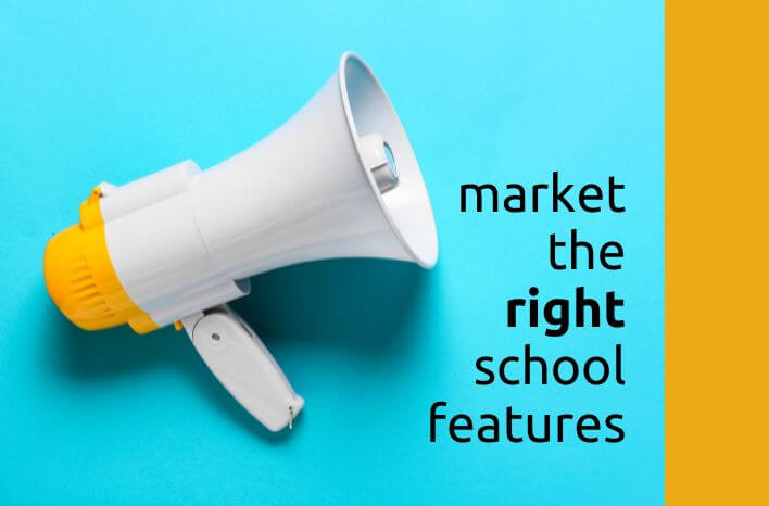 Megaphone sitting atop a bright cyan background with black text that reads "market the right school features" | image accompanies a blog post by Truth Tree | Truth Tree provides digital marketing strategies and solutions for schools