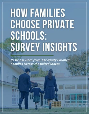a man, child, and woman walking away from the camera on a school campus. | image accompanies a Truth Tree page distilling survey data on newly enrolled families. The title of the white paper is "How Families Choose Private Schools: Survey Insights". The white paper details out and breaks down the response data from 132 newly enrolled families at independent, private schools across the United States