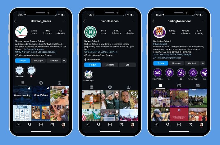 iPhones showing Instagram profiles and grids for schools: Alexander Dawson School of the Rainbow Mountain, Nichols School, Darlington School. Image accompanies Truth Tree blog post on Truth Tree school marketing.