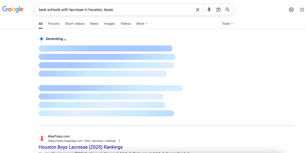 Screenshot of a traditional Google search with SGE snippet loading. The search bar shows "best schools with lacrosse in houston, texas" | image accompanies a blog post by Truth Tree on the power of an SEO strategy for private and independent schools | Truth Tree provides digital marketing strategies and solutions for schools | school marketing experts | school marketing strategy