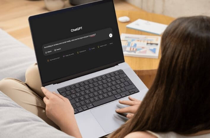 Woman searching on ChatGPT for top private schools in Toronto, representing how families use AI tools in the school search process; supports Truth Tree’s blog on SEO strategy for private and independent schools.