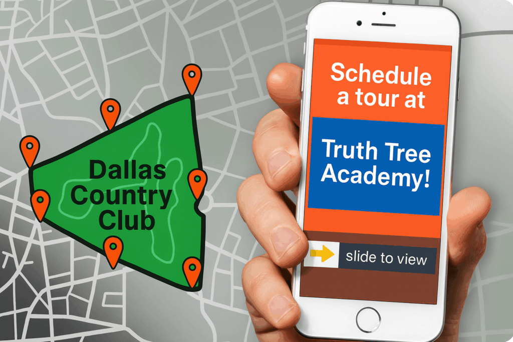 Geofencing ad example targeting Dallas Country Club, showing a mobile phone with the message "Schedule a tour at Truth Tree Academy!" This image supports a Truth Tree blog post on using smarter, layered digital marketing strategies to reach right-fit families.