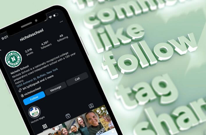 Example of a school Instagram profile to illustrate tracking social media KPIs like followers, engagement, and post activity.