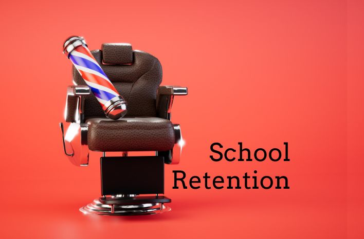 A barbershop chair sits against a red background with the text "school retention" sitting on the right. lower half of the image | image accompanies a blog post by Trevor Waddington, founder and principal of Truth Tree, the digital marketing team supporting schools with data-driven marketing