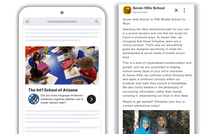 Examples of effective school marketing ads created by Truth Tree, showcasing strategic messaging focused on student outcomes, language immersion, and character development for private and independent schools.