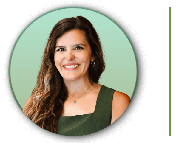 Woman with long hair in a green top set on a gradient green background.