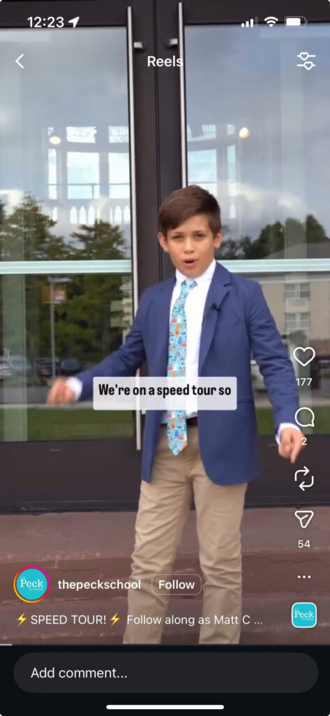 Screenshot of Instagram reel from The Peck School of a "speed tour" through campus