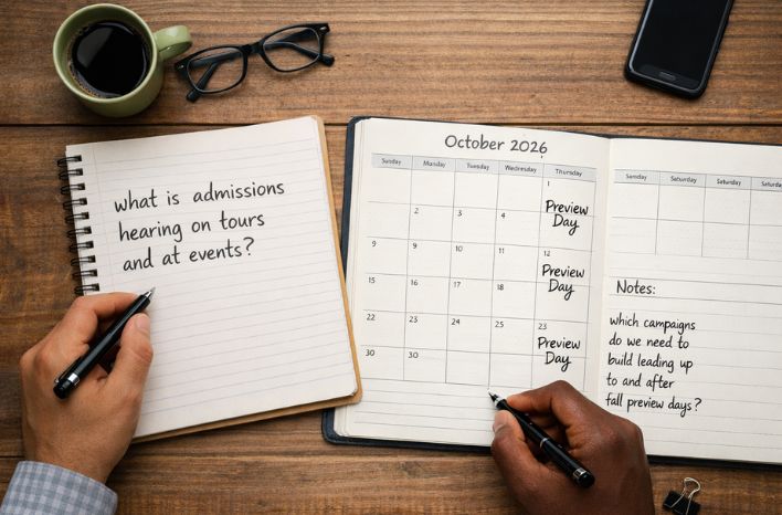 Top-down view of a notebook and planner on a table with handwritten questions, representing school marketing and admissions alignment around what teams are seeing and hearing from families.