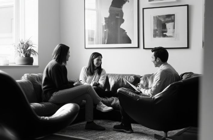 Marketing and admissions team members meeting together to share insights from tours, conversations, and enrollment communications.