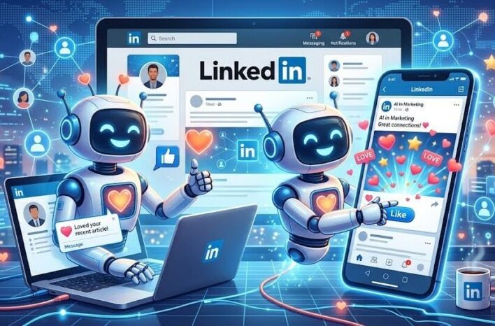 Robots interacting on LinkedIn platform with hearts and thumbs up. LLMs favor LinkedIn content and presence, creating an opportunity for school mentions in AI search when schools utilize LinkedIn strategically.