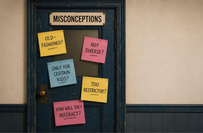 Door covered with misconception sticky notes | image accompanies a blog post about single-gender school misconceptions and enrollment marketing opportunities to overcome them | Truth Tree, enrollment marketing experts