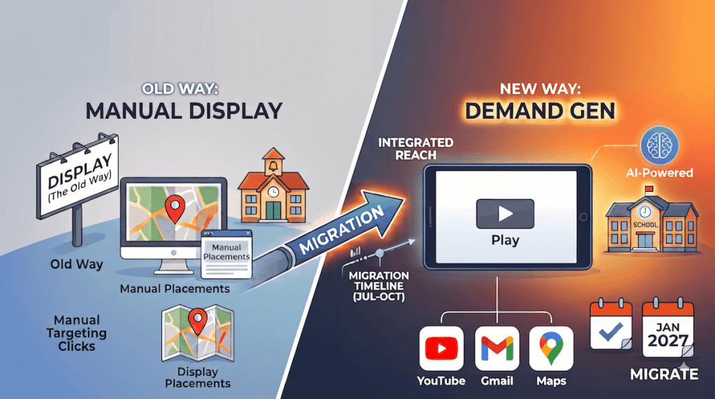 Comparison of old and new advertising methods with Google display ads migrating to Google Demand Gen impacting Google Ads for schools