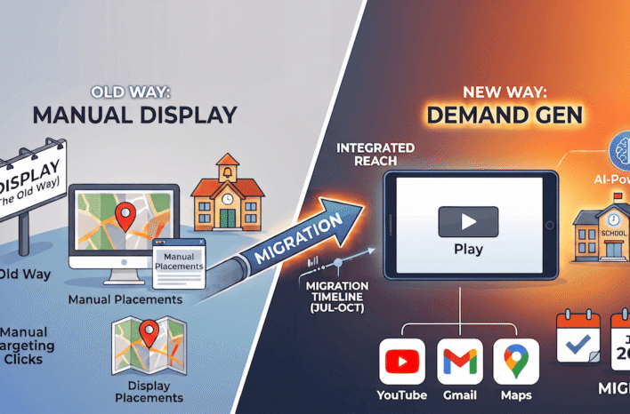 Comparison of old and new advertising methods with Google display ads migrating to Google Demand Gen impacting Google Ads for schools