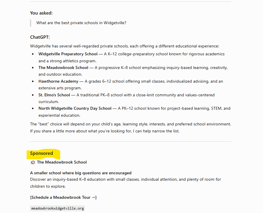 Image of ChatGPT search results for schools in Widgetville to support blog post titled "should schools advertise on ChatGPT?"