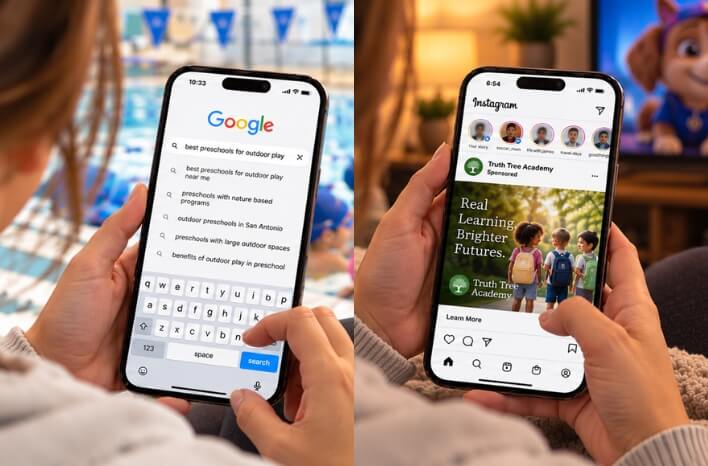 Mother researching preschools on Google during her child's swim lesson, then seeing a school ad on Instagram later that evening while relaxing at home.