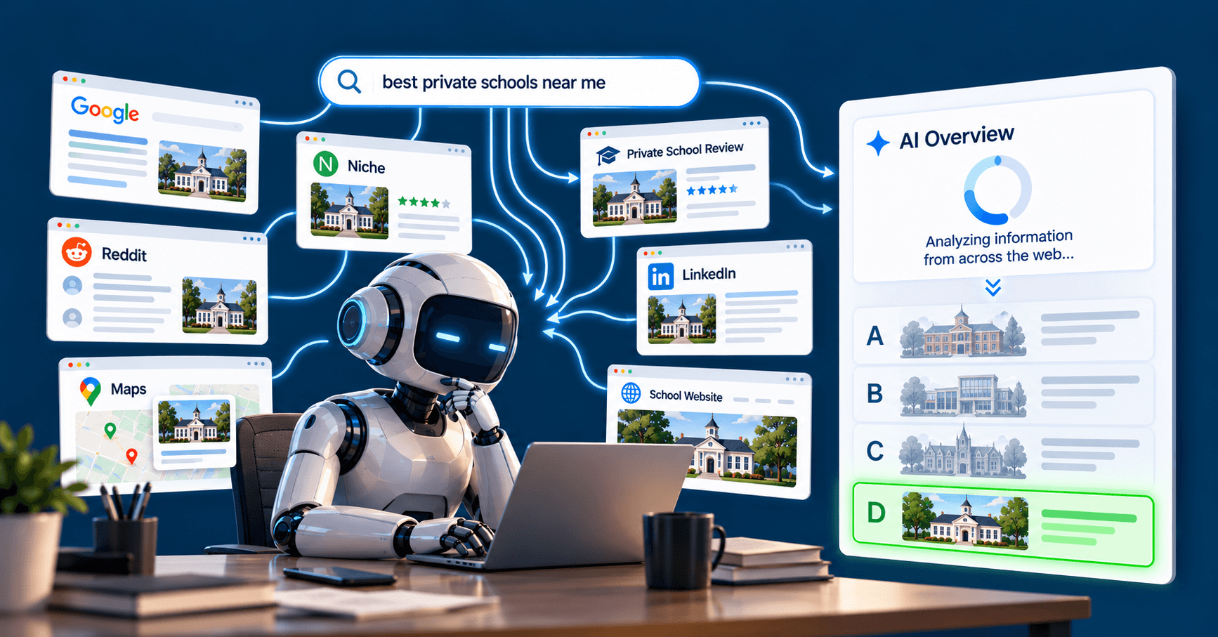 An AI assistant at a laptop gathers information about the same school from Google, Niche, Private School Review, Reddit, LinkedIn, Maps and the school’s website, then highlights that school in an AI Overview, illustrating SEO for schools and AI search.